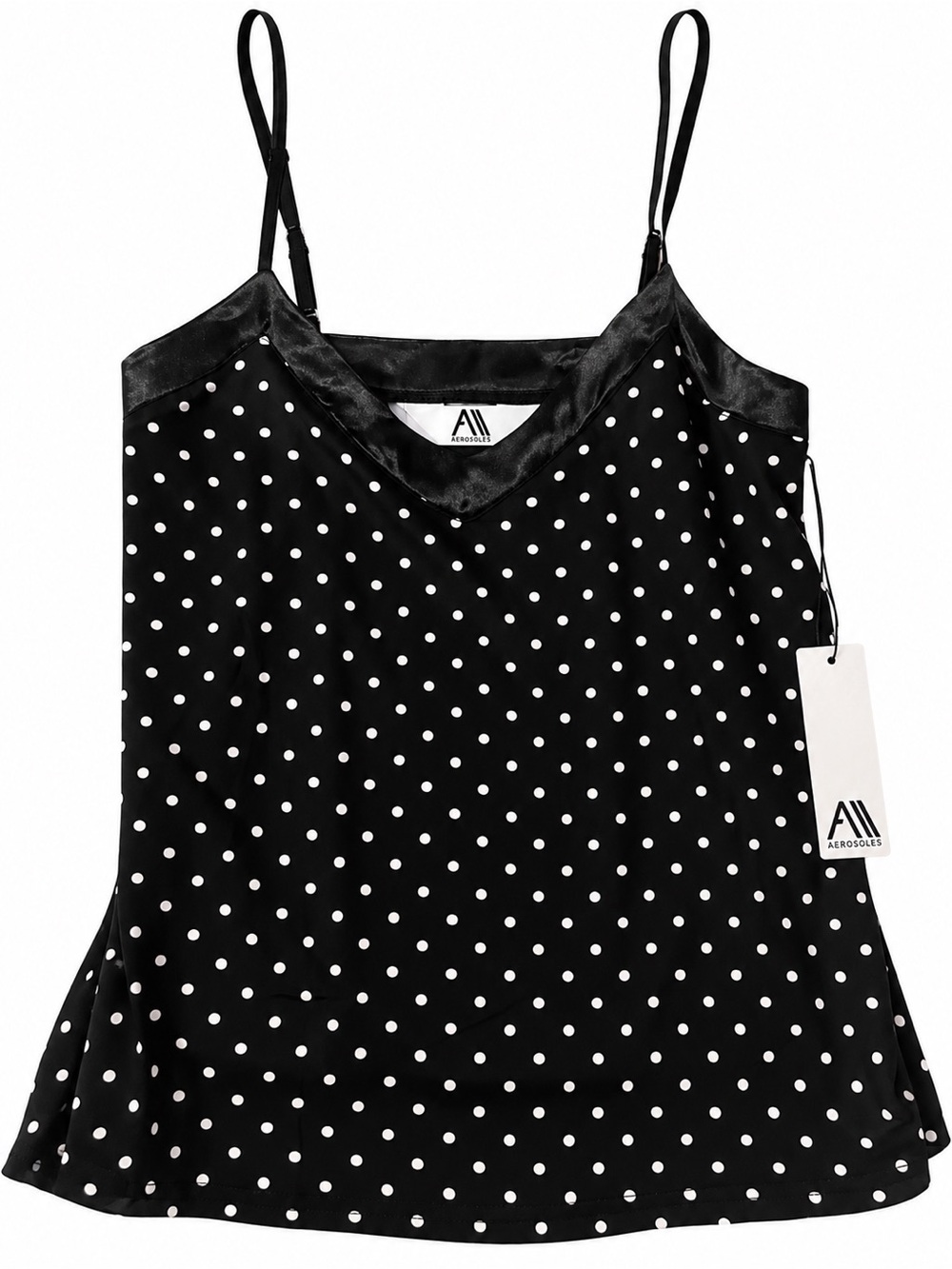 AEROSOLES Black & White Polka Dot Satin-Trim silky fabric Cami NWT
